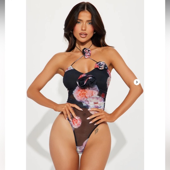 Fashion Nova Tops - Fashion Nova Mesh Black Floral Bodysuit
